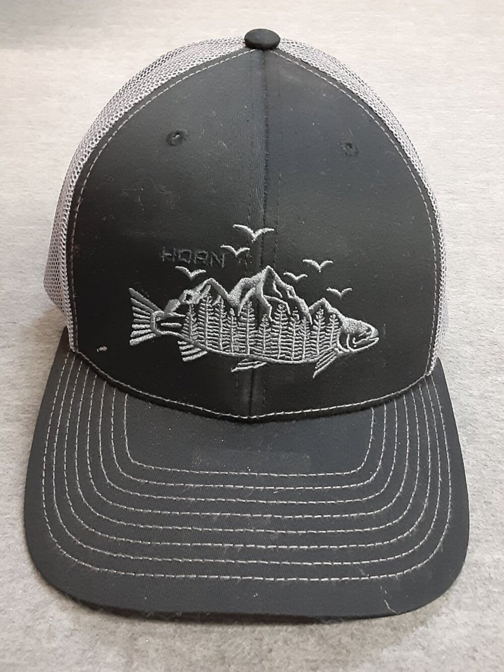Horn Gear Outdoor Fishing Hat Adjustable OSFA Mountain Trees Fish BLK/Grey
